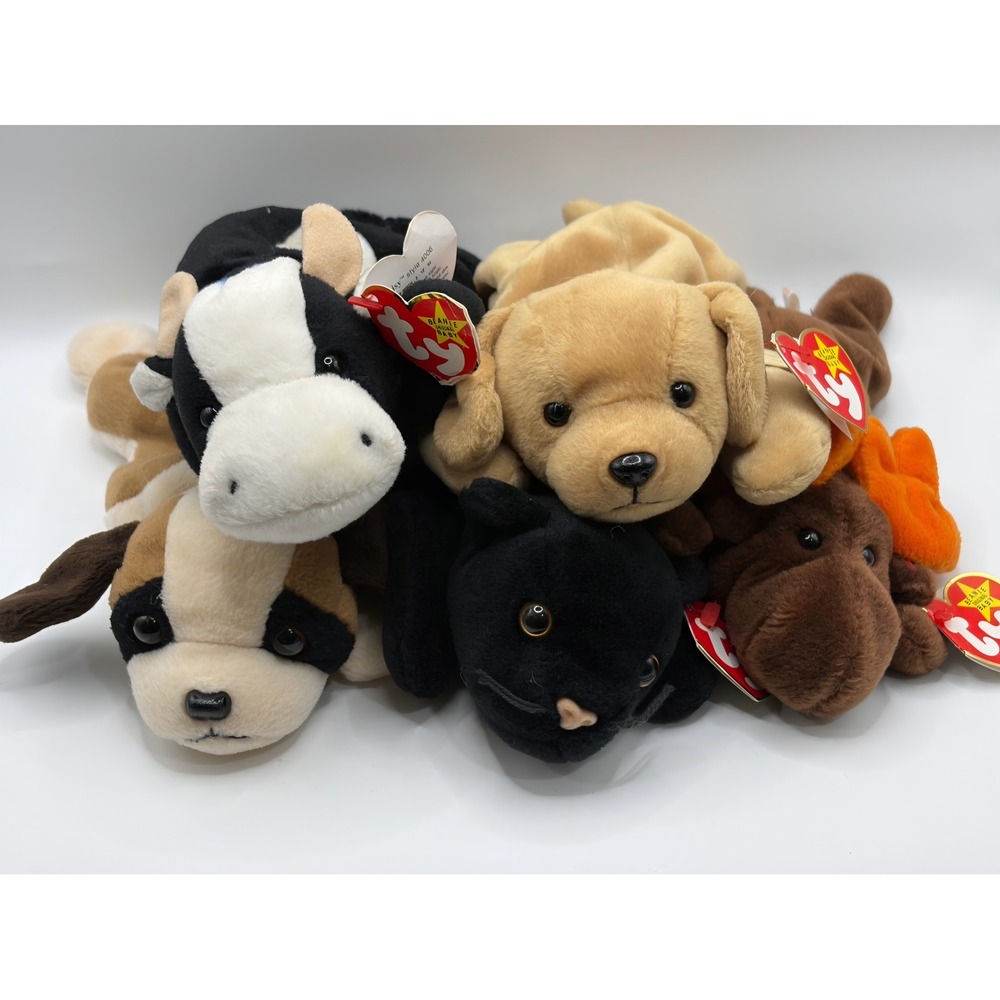 Lot of 6 Vintage Ty Beanie Babies Daisy Cow Chocolate Moose Zip Cat Bernie Fetch